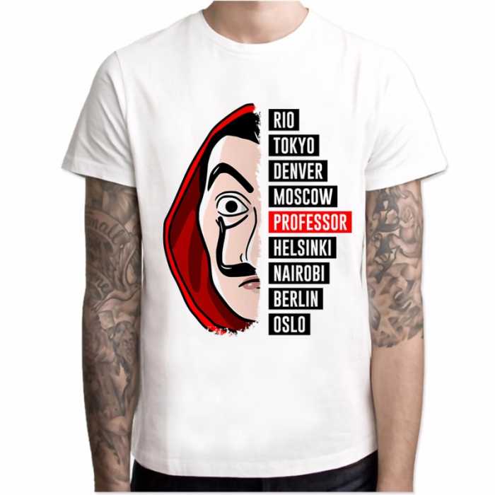 T-Shirt La Casa de Papel : masque Dali et nom des personnages braqueurs