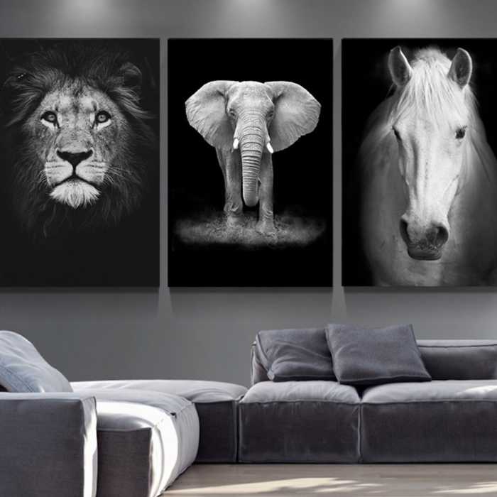 Toiles peintures animaux en noir et blanc